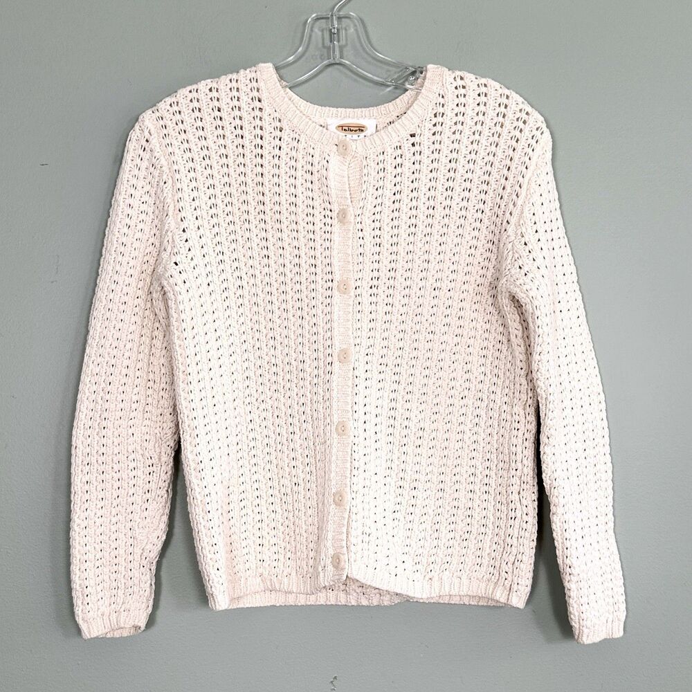Talbots Chunky Knit Cardigan Sweater Womens PXS Ivory Cotton Minimalist Vintage